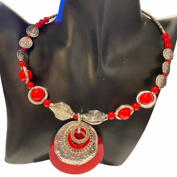 Zevar by Treska Red Silver Statement Pendant Beaded Choker Necklace Boho Art - Picture 3 of 7